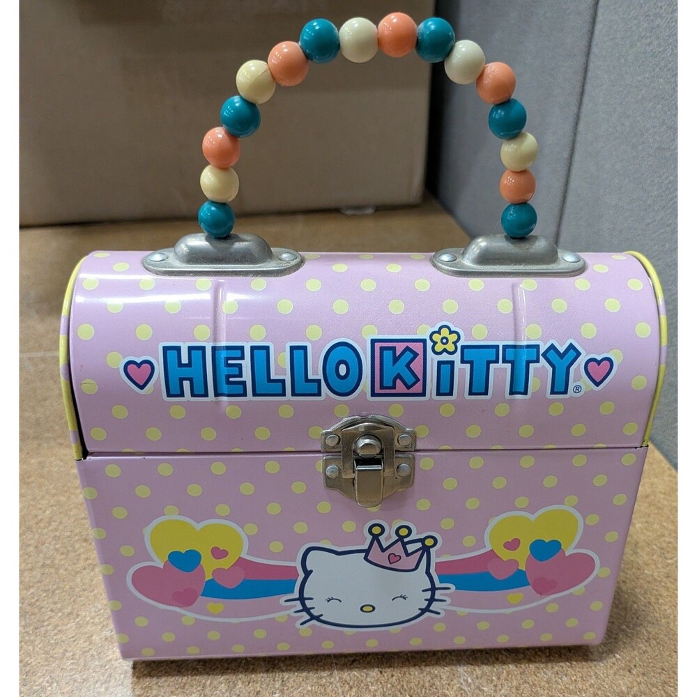 Rare 2005 Hello Kitty Princess Tin Box Purse Beaded Handle Pink Polka Dot